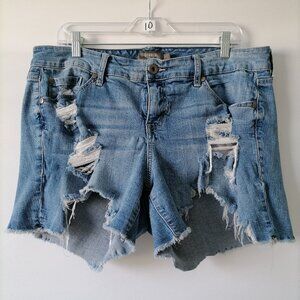 Torrid Feel The Fit Womens Blue Denim Distressed Mid Rise Cut-Off Shorts Size 16